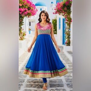 NWOT SZ XL Elegant Blue/pink/gold/green Anarkali salwar set/dress/churidar pants